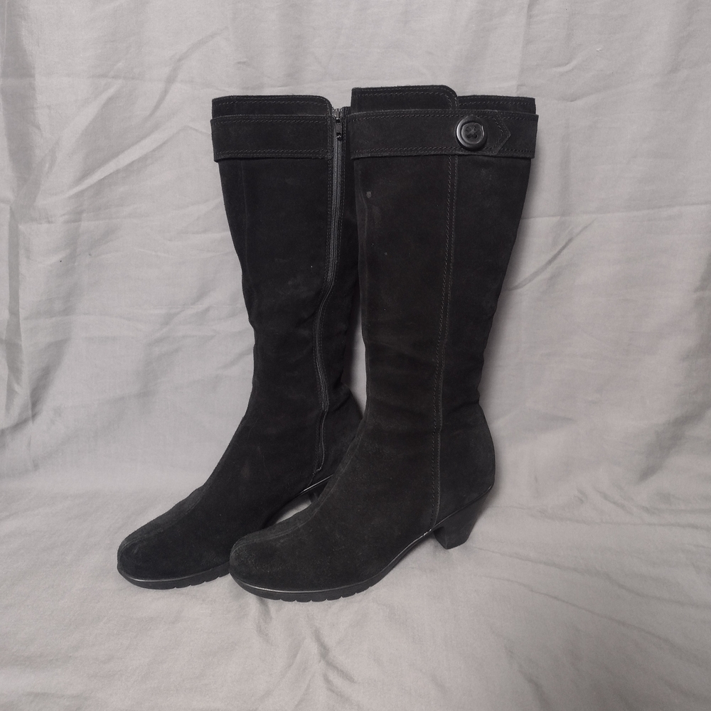 La Canadienne Suede Zip Up Rubber Heel Split Toe Calf High Boots Black Size 9